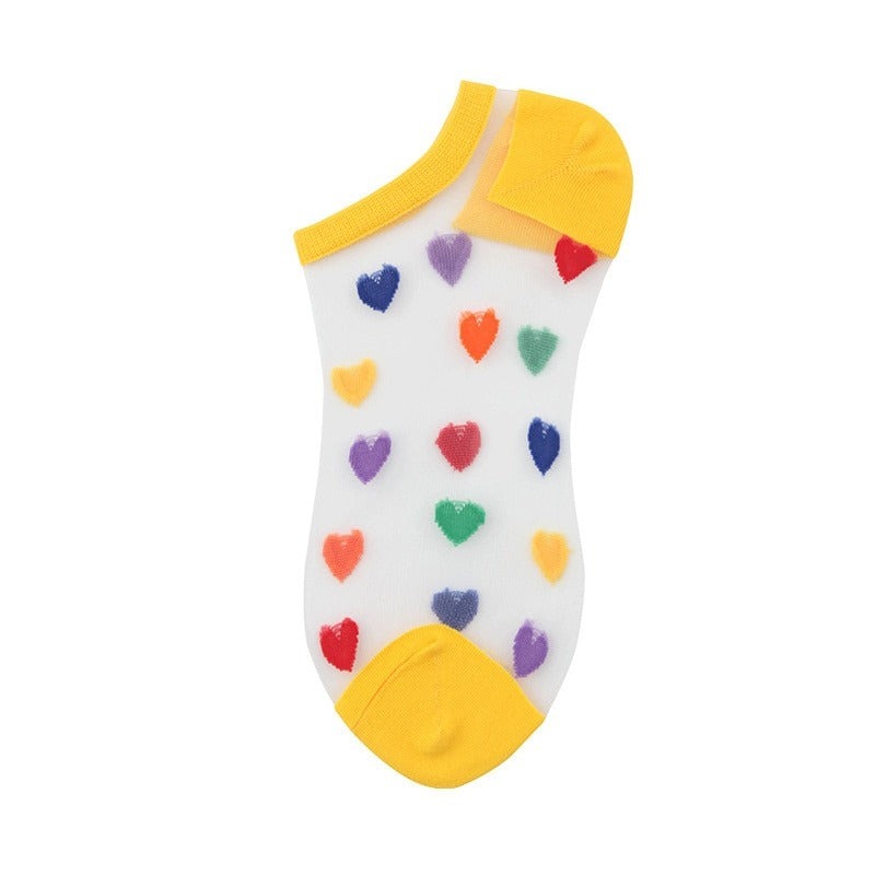 Anysox 5 Pairs Yellow Size 5-9 Heart Tull Glass Silk With Transparent Thin Mesh Color Full Nylon Knee Socks ComFortable To Wear For Ladies-Socks-PEROZ Accessories