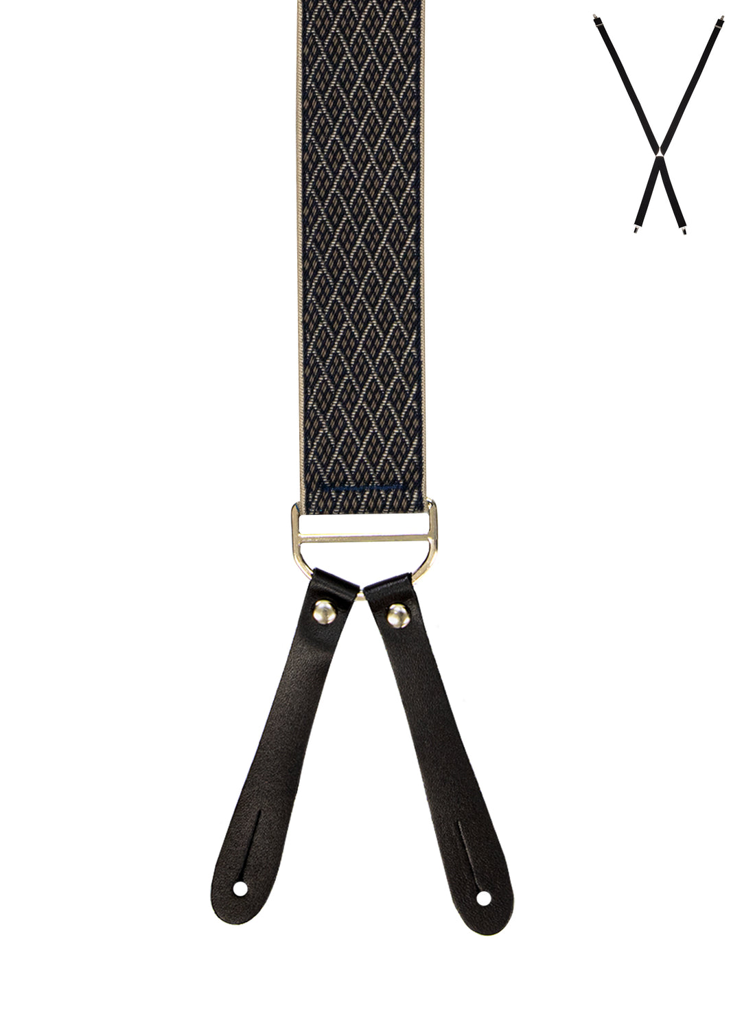 BRACES. X-Back with Leather Ends. Diamond Print. Navy/Gold. 35mm width.-Braces-PEROZ Accessories