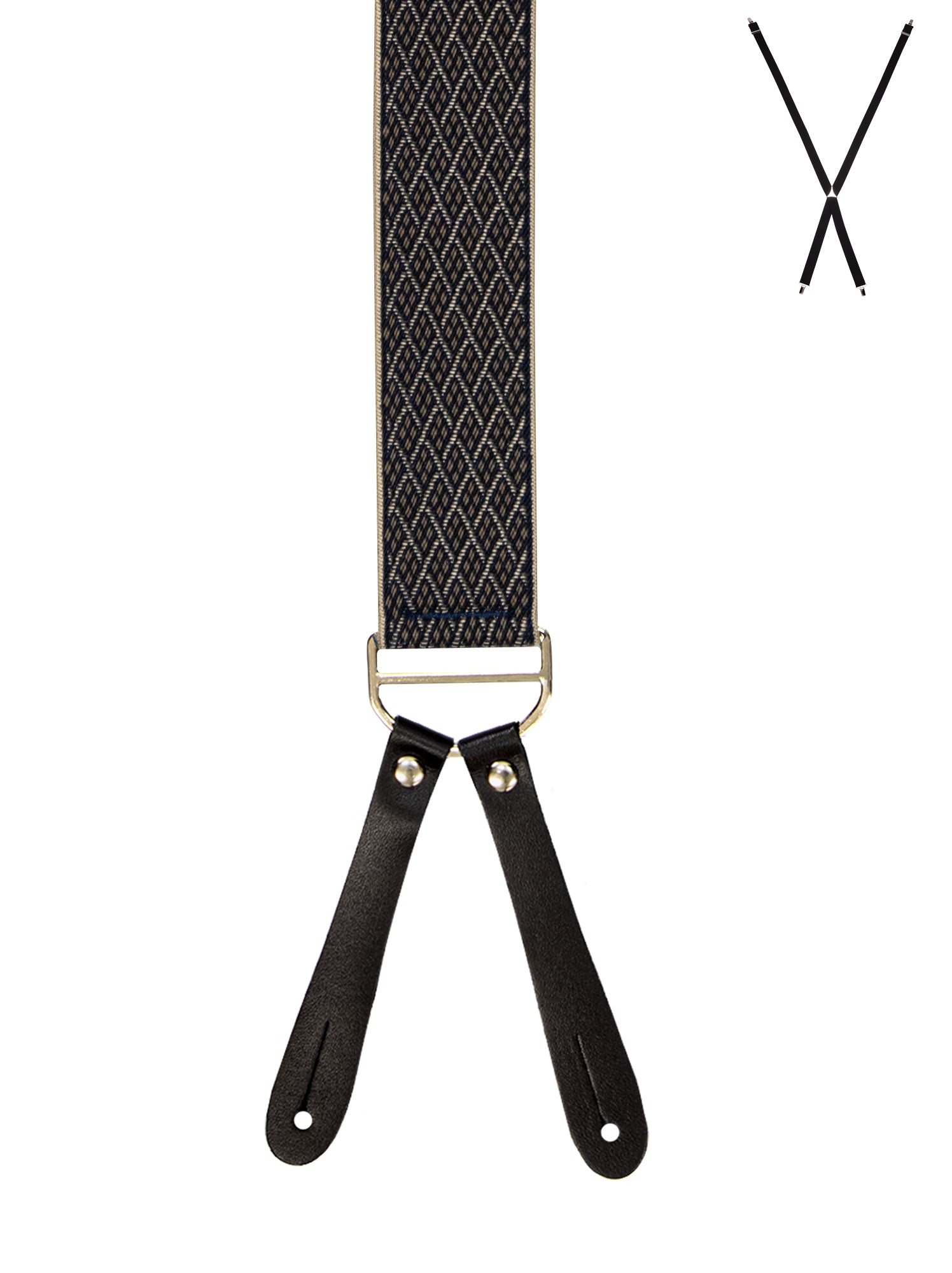 BRACES. X-Back with Leather Ends. Diamond Print. Navy/Gold. 35mm width.-Braces-PEROZ Accessories