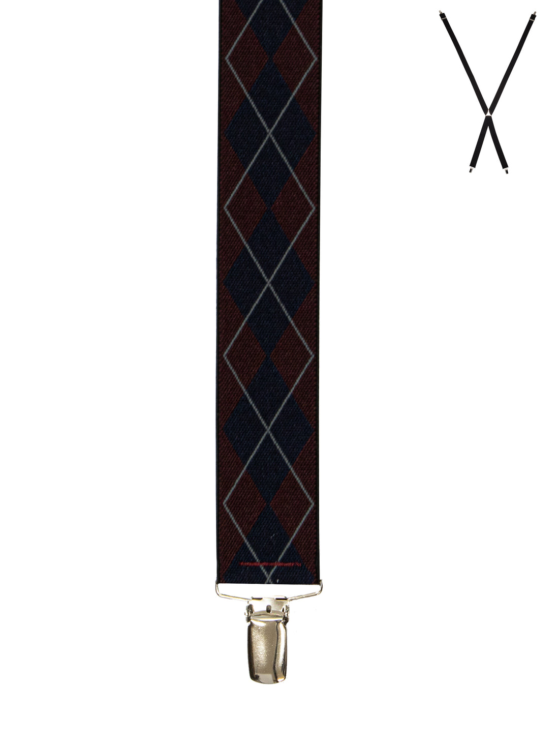 BRACES. X-Back with Nickel Clips. Argyle Print. Burgundy. 35mm width.-Braces-PEROZ Accessories