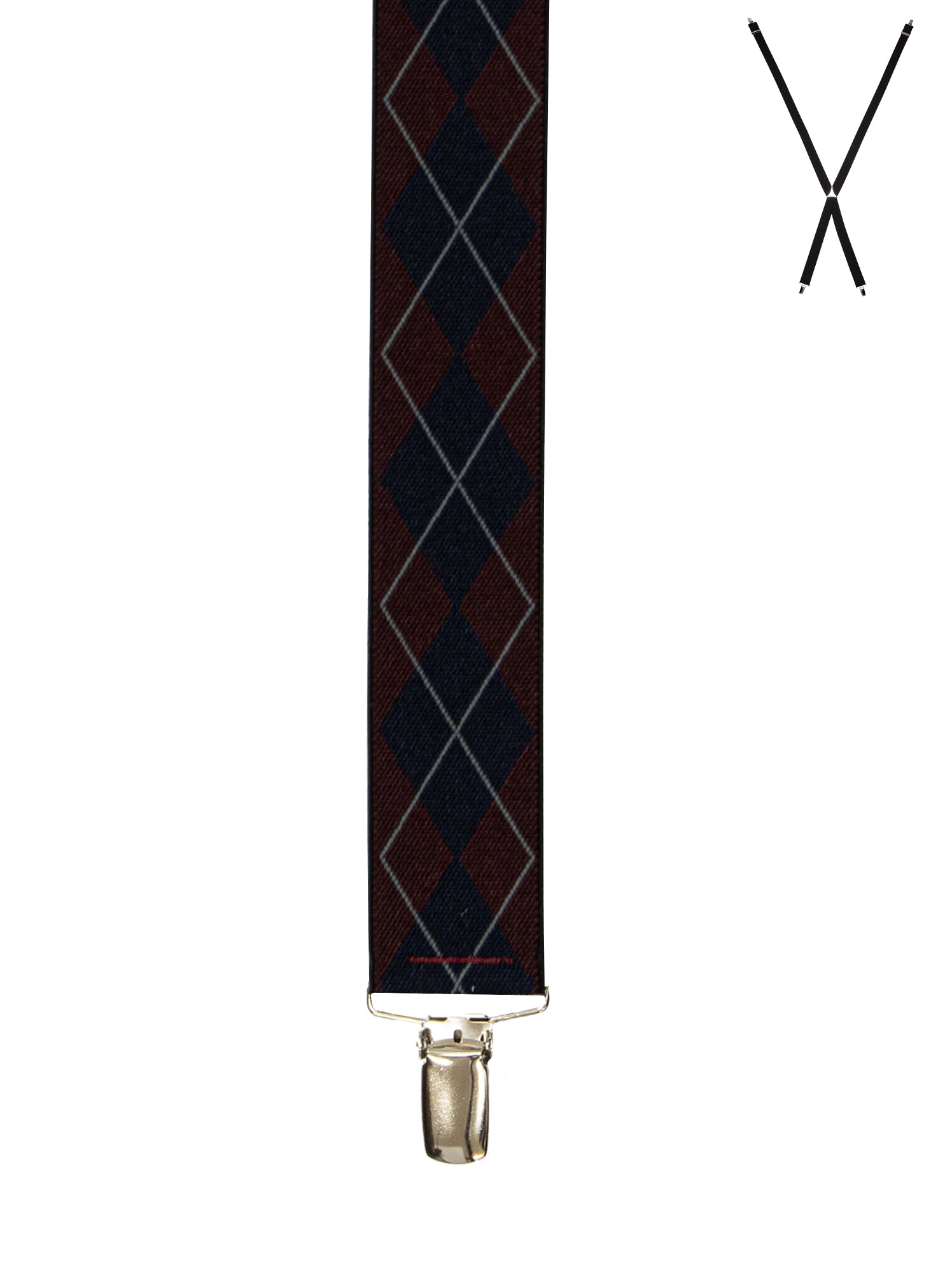 BRACES. X-Back with Nickel Clips. Argyle Print. Burgundy. 35mm width.-Braces-PEROZ Accessories