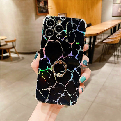 Anymob iPhone Case Black Laser Gradient Glitter Marble Ring Holder Stand Soft Silicone Shockproof Coque Mobile Cover iPhone 12 11 13 Pro Max Compatible-Mobile Phone Cases-PEROZ Accessories