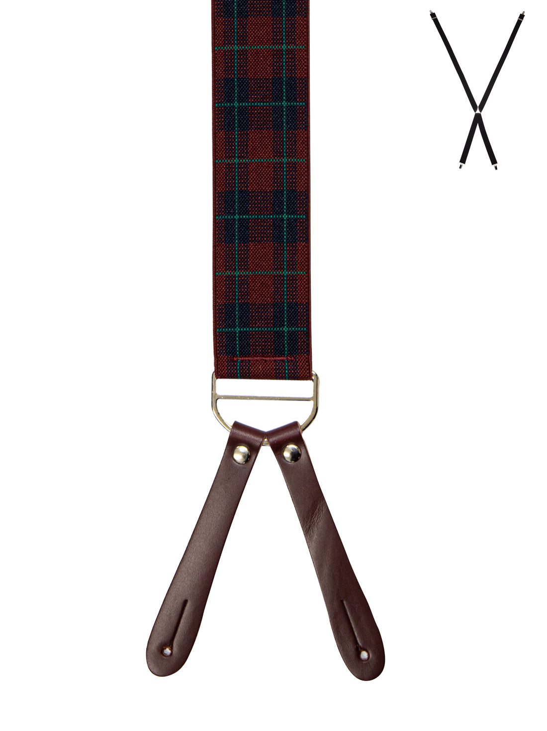 BRACES. X-Back with Leather Ends. Plaid Print. Red. 35mm width.-Braces-PEROZ Accessories