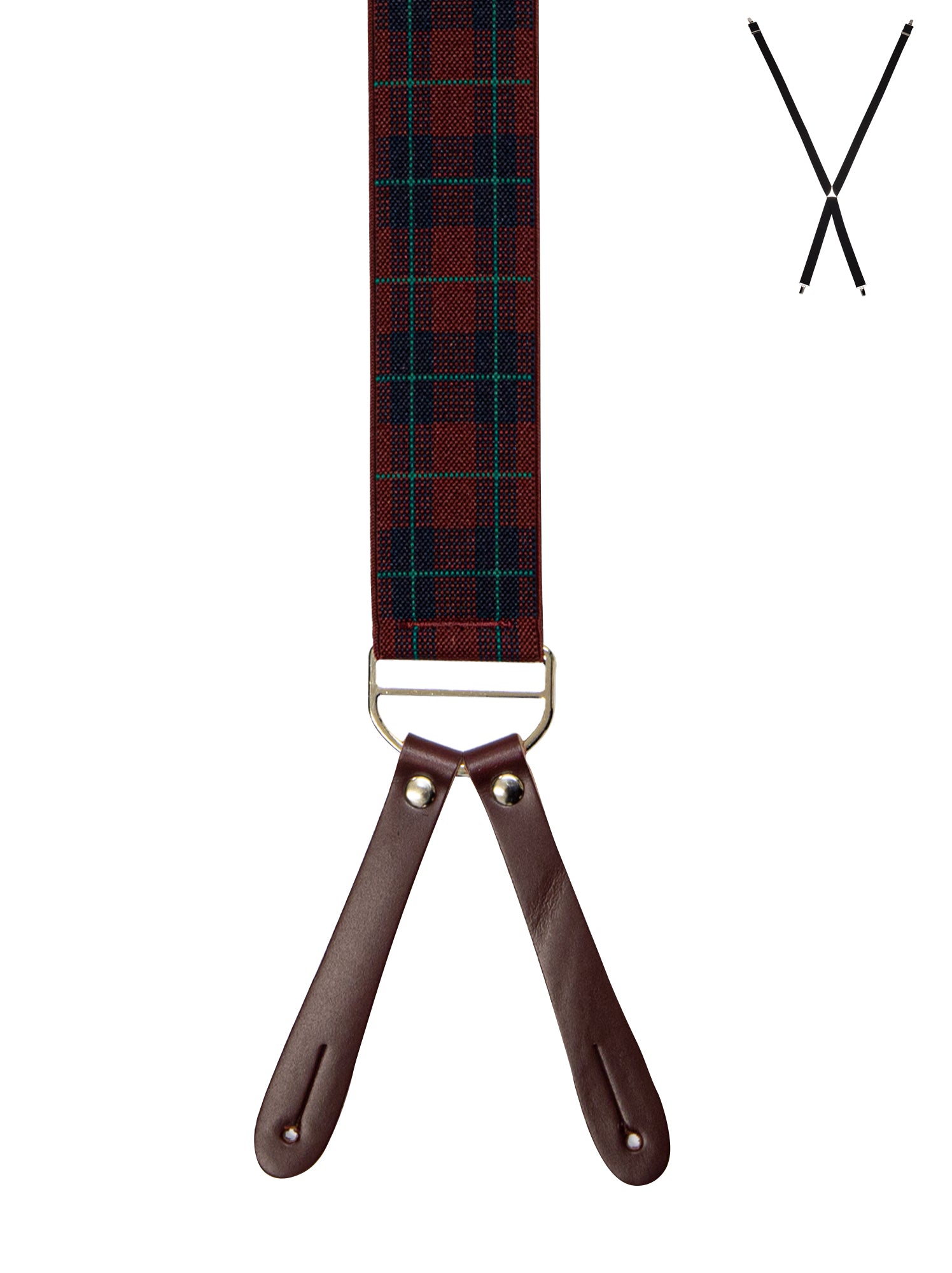 BRACES. X-Back with Leather Ends. Plaid Print. Red. 35mm width.-Braces-PEROZ Accessories