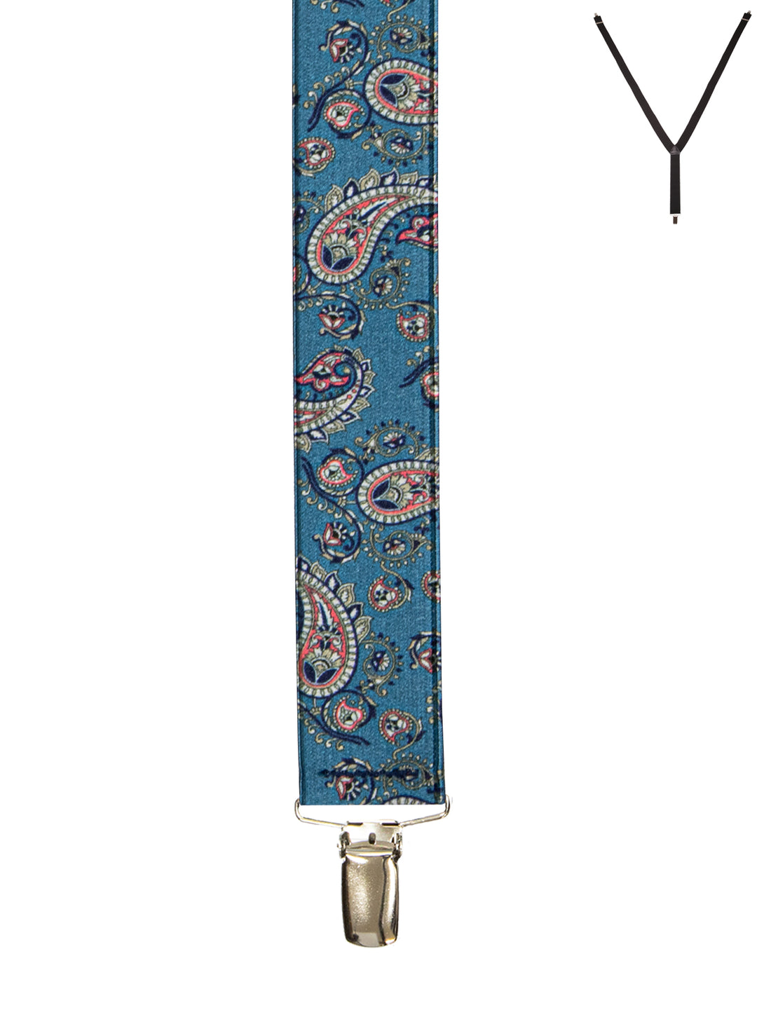 BRACES. Y-Back with Nickel Clips. Paisley Print. Blue. 35mm width.-Braces-PEROZ Accessories