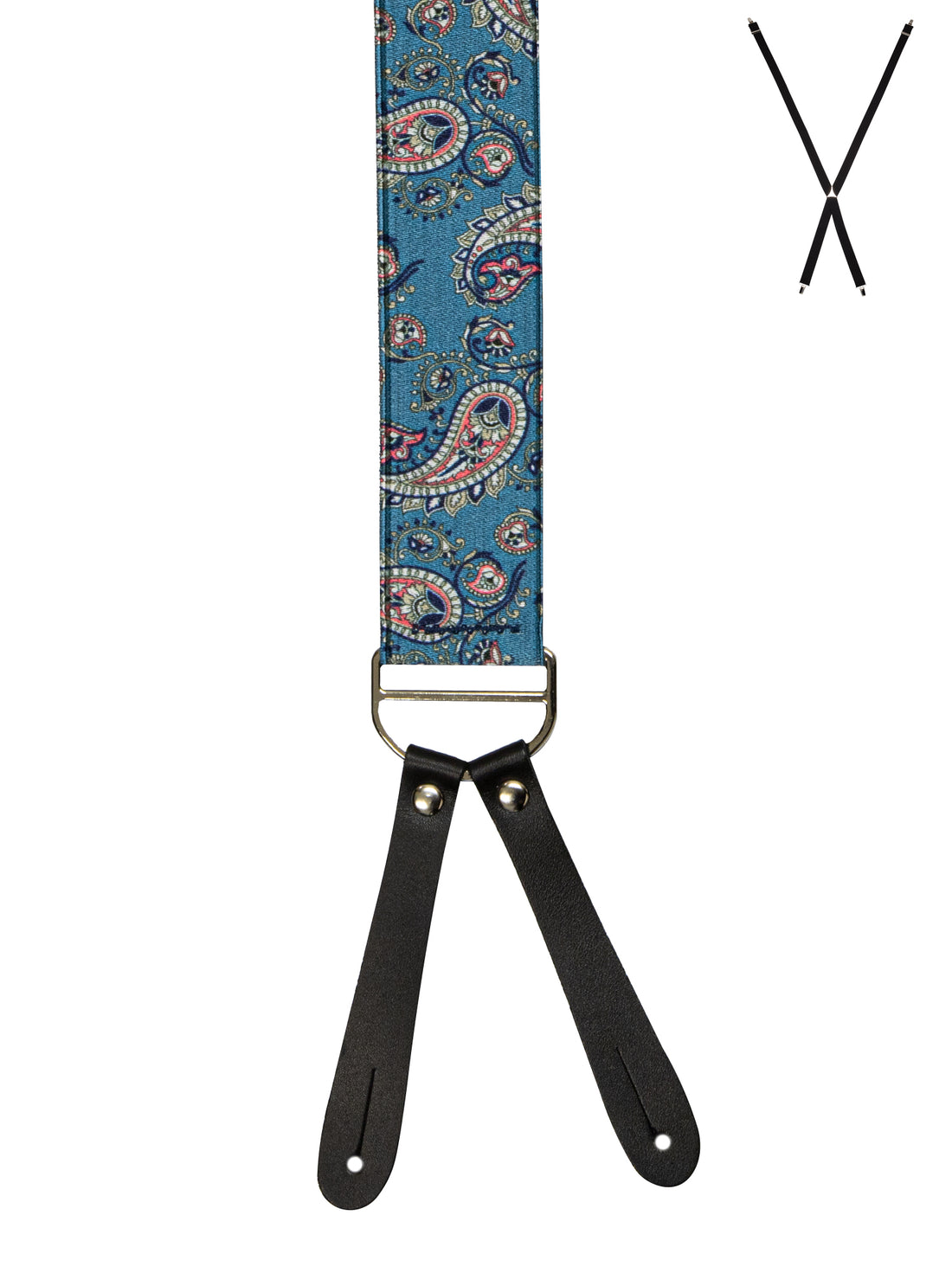 BRACES. X-Back with Leather Ends. Paisley Print. Blue. 35mm width.-Braces-PEROZ Accessories