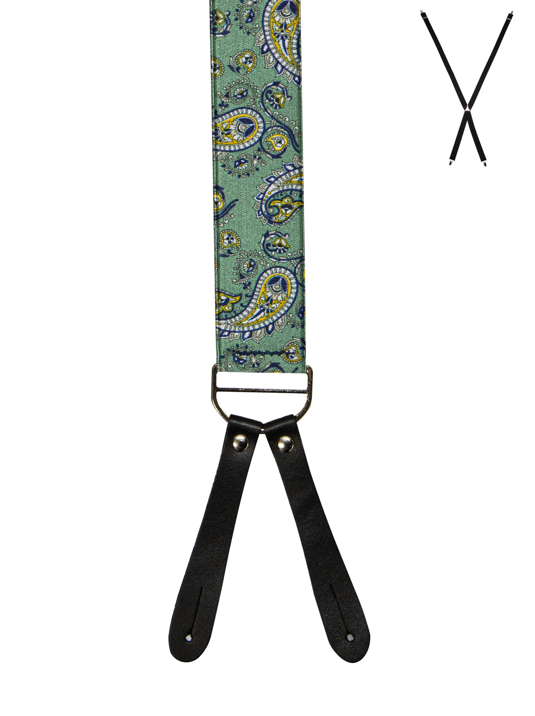 BRACES. X-Back with Leather Ends. Paisley Print. Green. 35mm width.-Braces-PEROZ Accessories