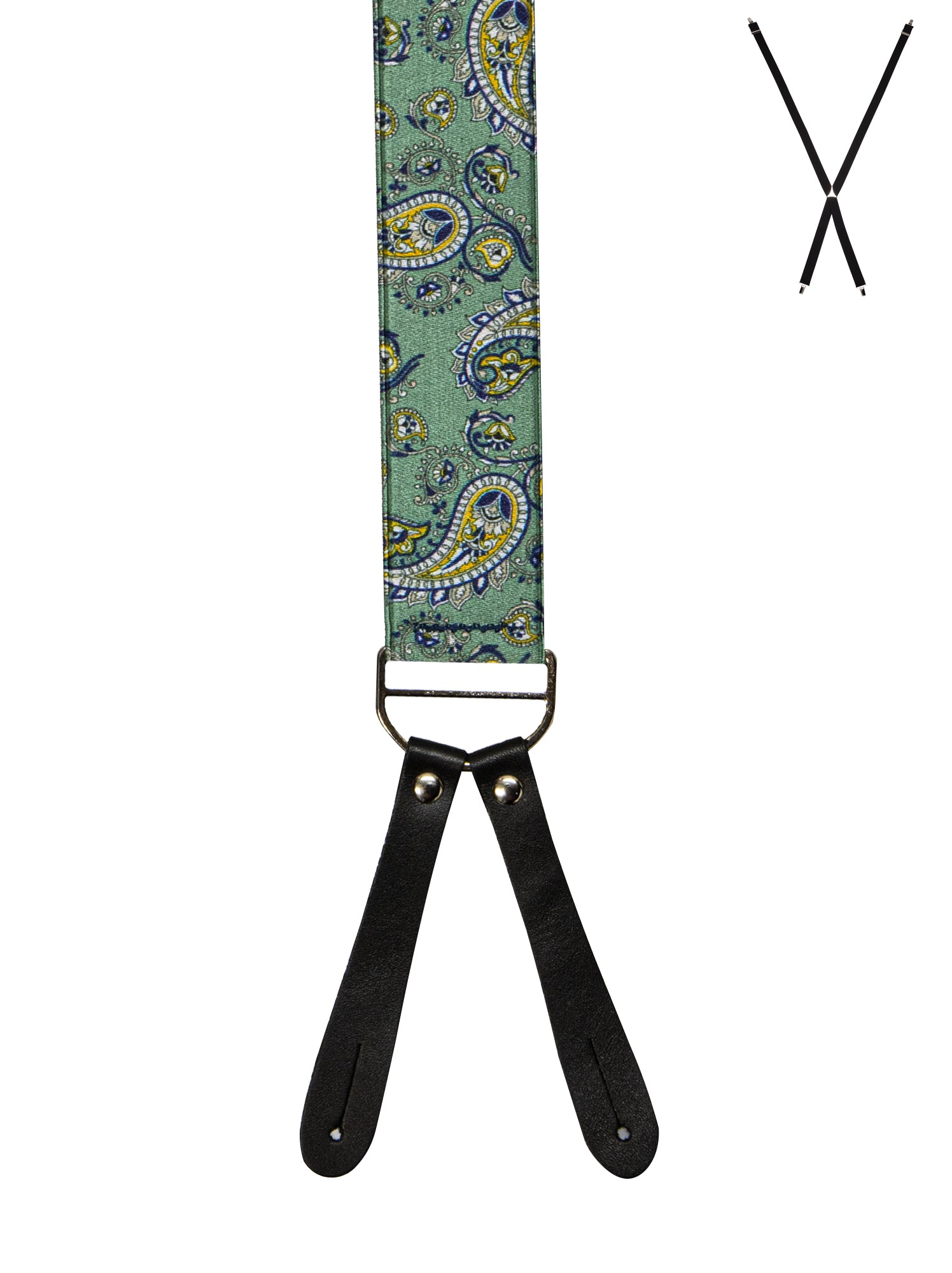 BRACES. X-Back with Leather Ends. Paisley Print. Green. 35mm width.-Braces-PEROZ Accessories