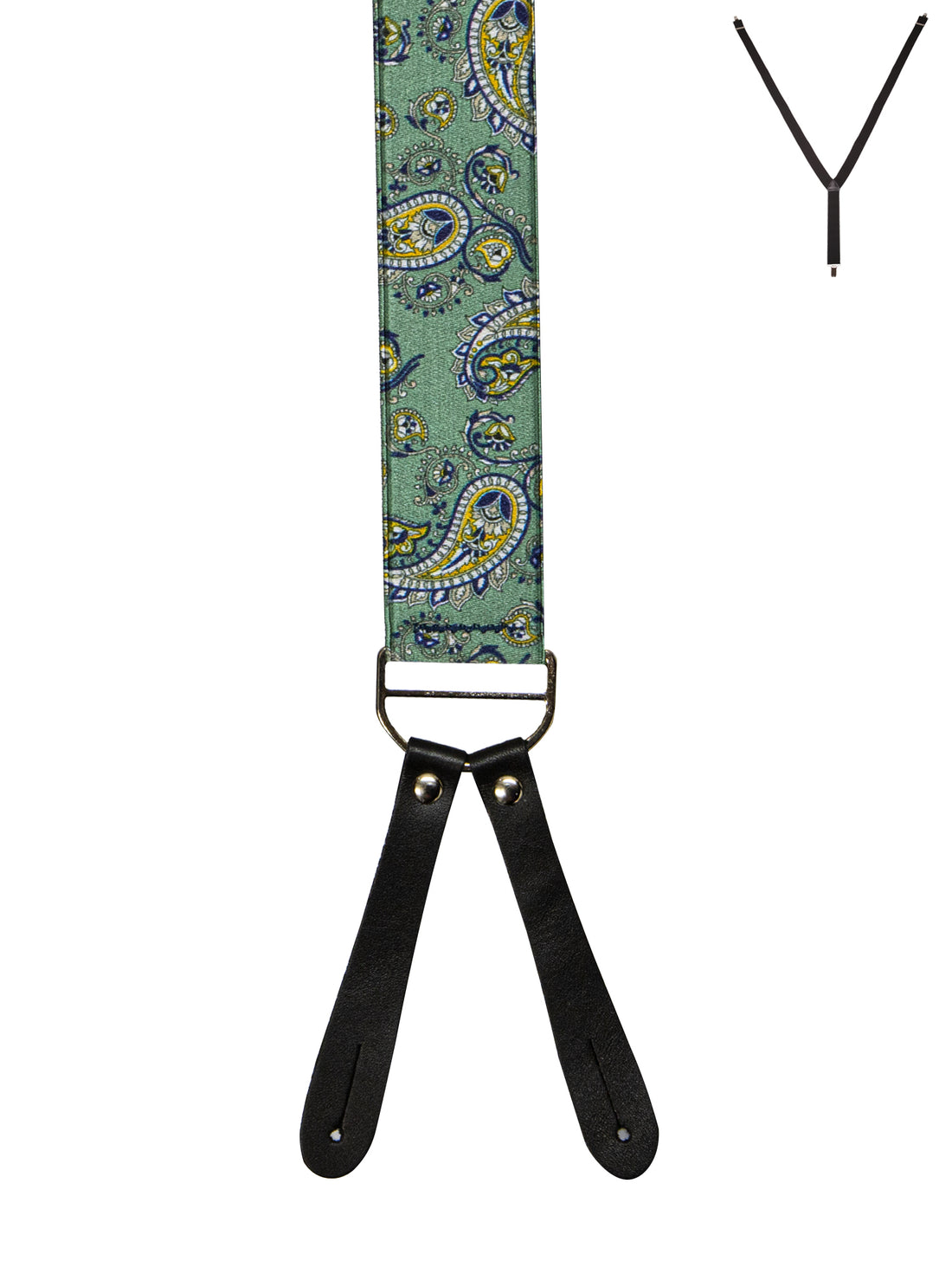 BRACES. Y-Back with Leather Ends. Paisley Print. Green. 35mm width.-Braces-PEROZ Accessories