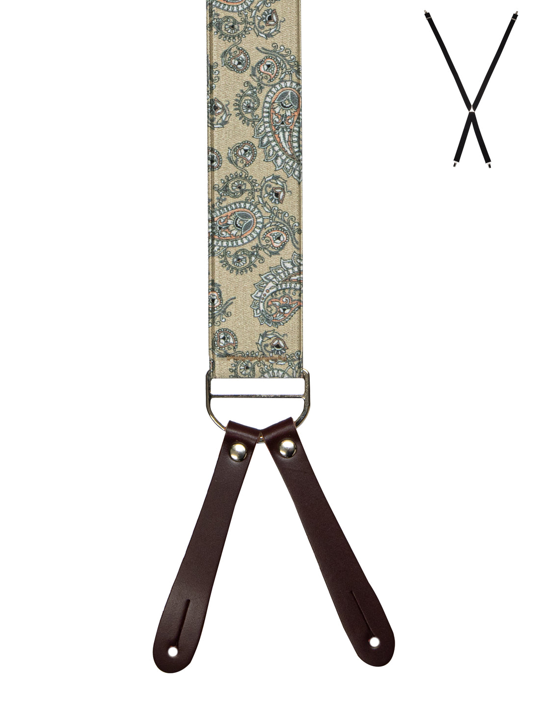 BRACES. X-Back with Leather Ends. Paisley Print. Beige. 35mm width.-Braces-PEROZ Accessories