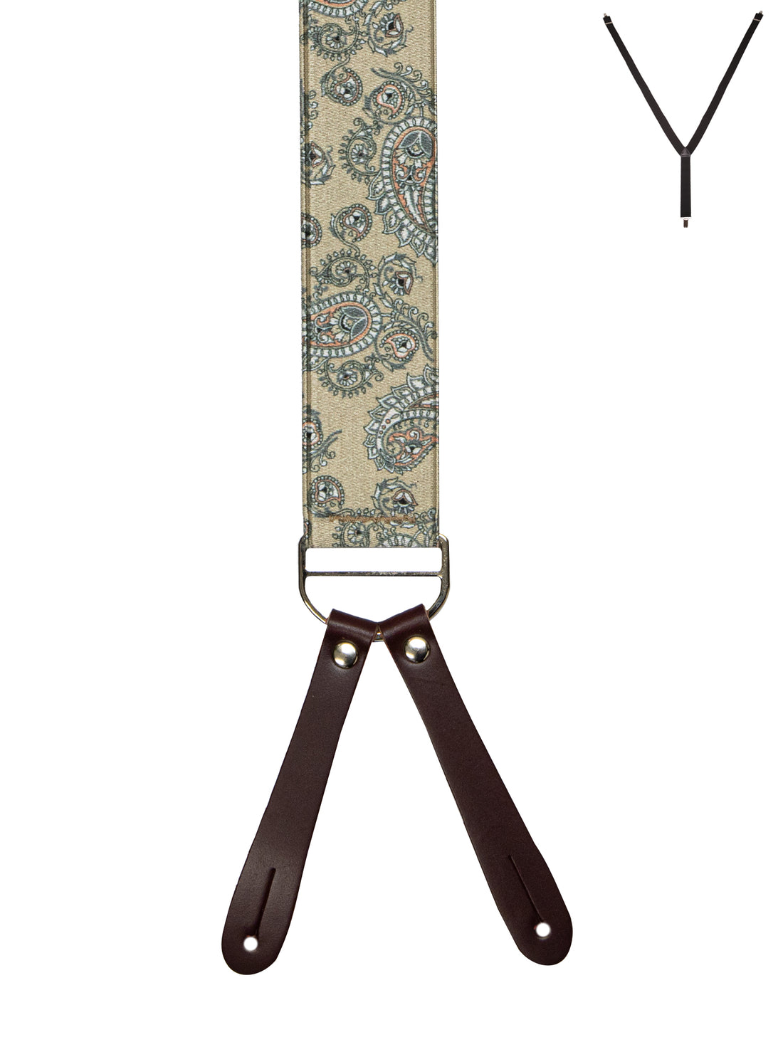 BRACES. Y-Back with Leather Ends. Paisley Print. Beige. 35mm width.-Braces-PEROZ Accessories