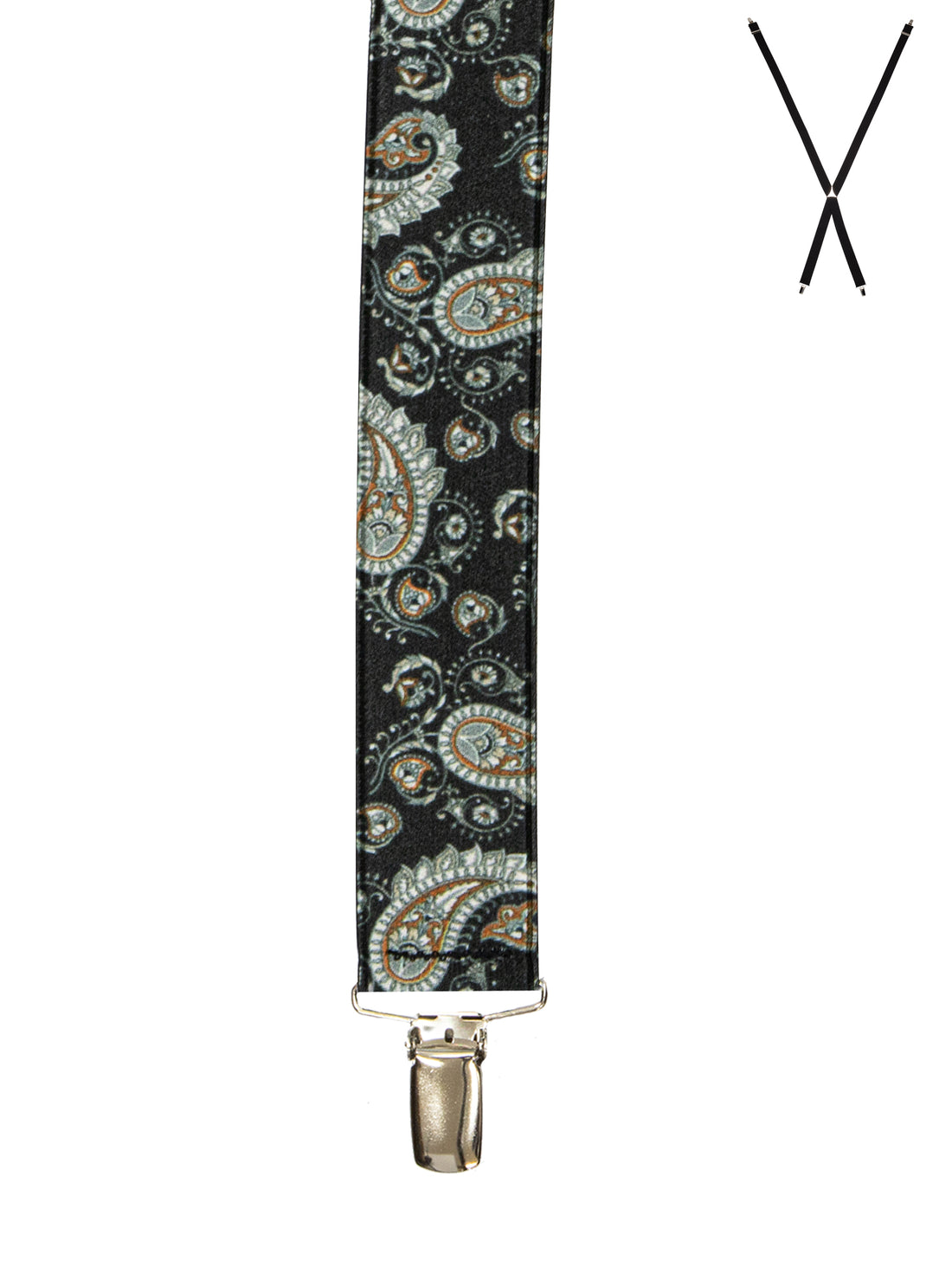 BRACES. X-Back with Nickel Clips. Paisley Print. Black. 35mm width.-Braces-PEROZ Accessories