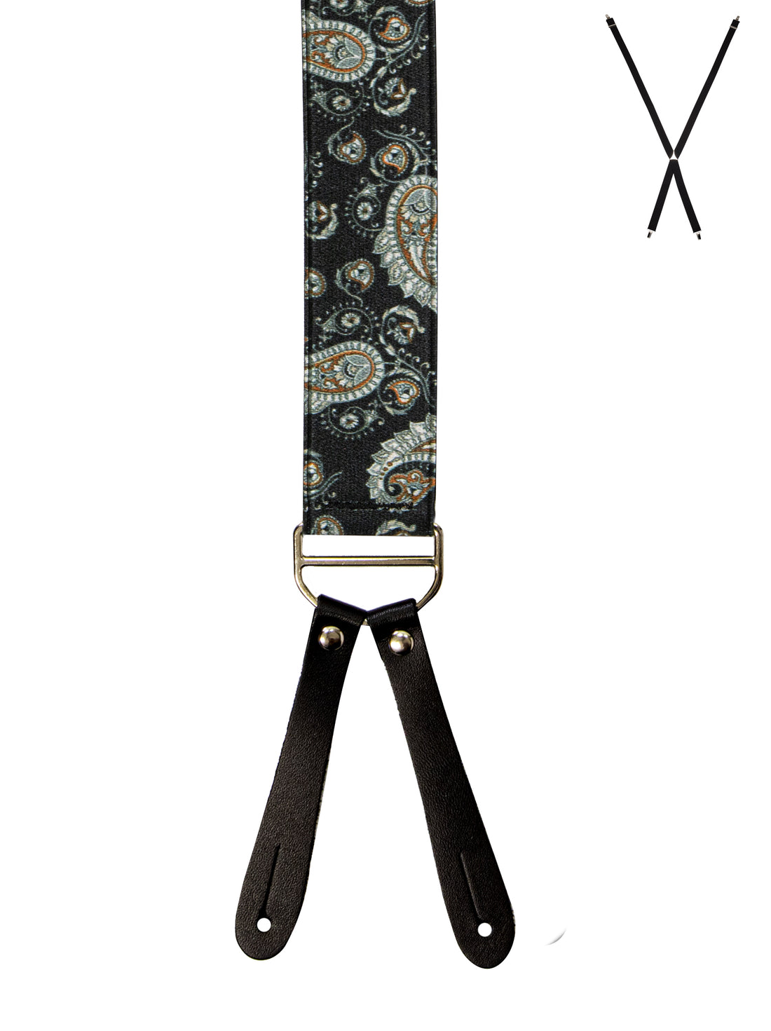 BRACES. X-Back with Leather Ends. Paisley Print. Black. 35mm width.-Braces-PEROZ Accessories