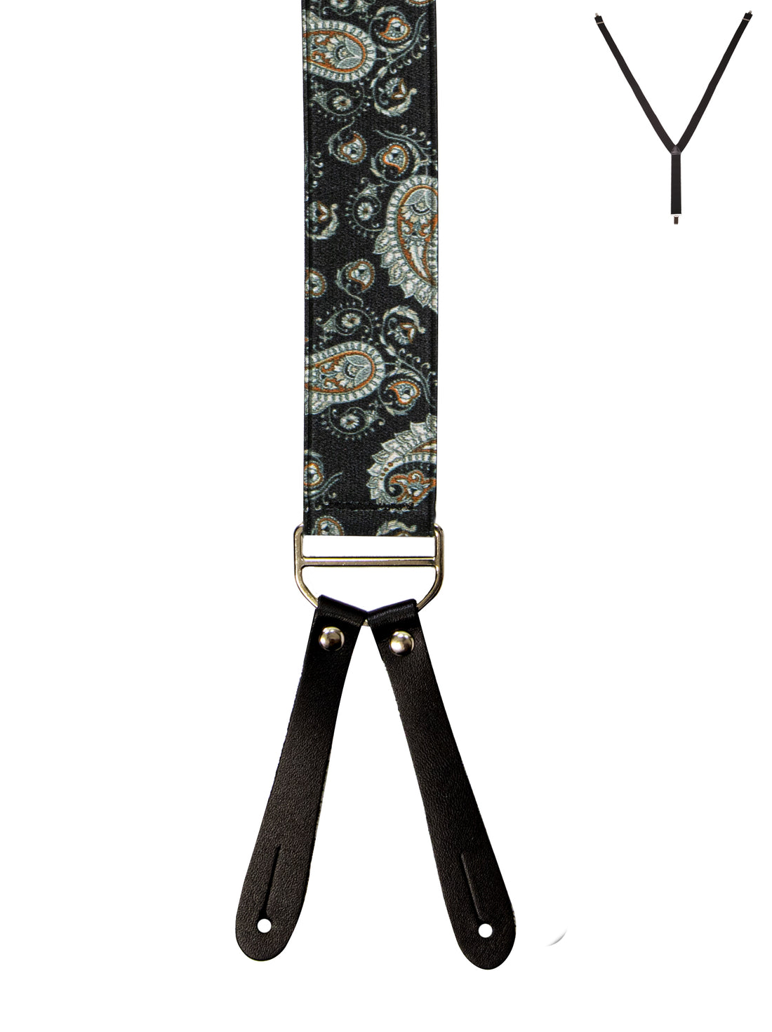 BRACES. Y-Back with Leather Ends. Paisley Print. Black. 35mm width.-Braces-PEROZ Accessories