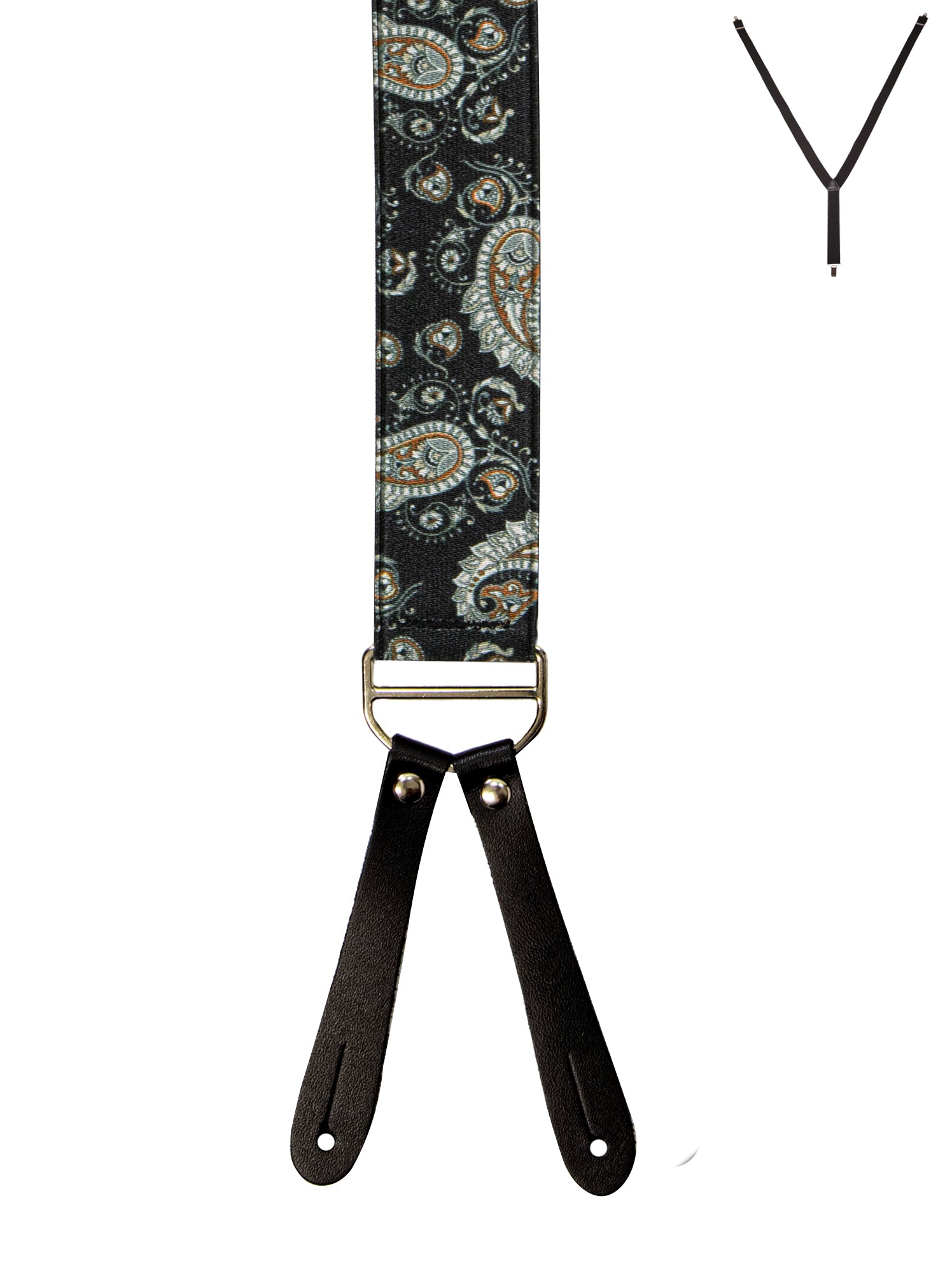 BRACES. Y-Back with Leather Ends. Paisley Print. Black. 35mm width.-Braces-PEROZ Accessories