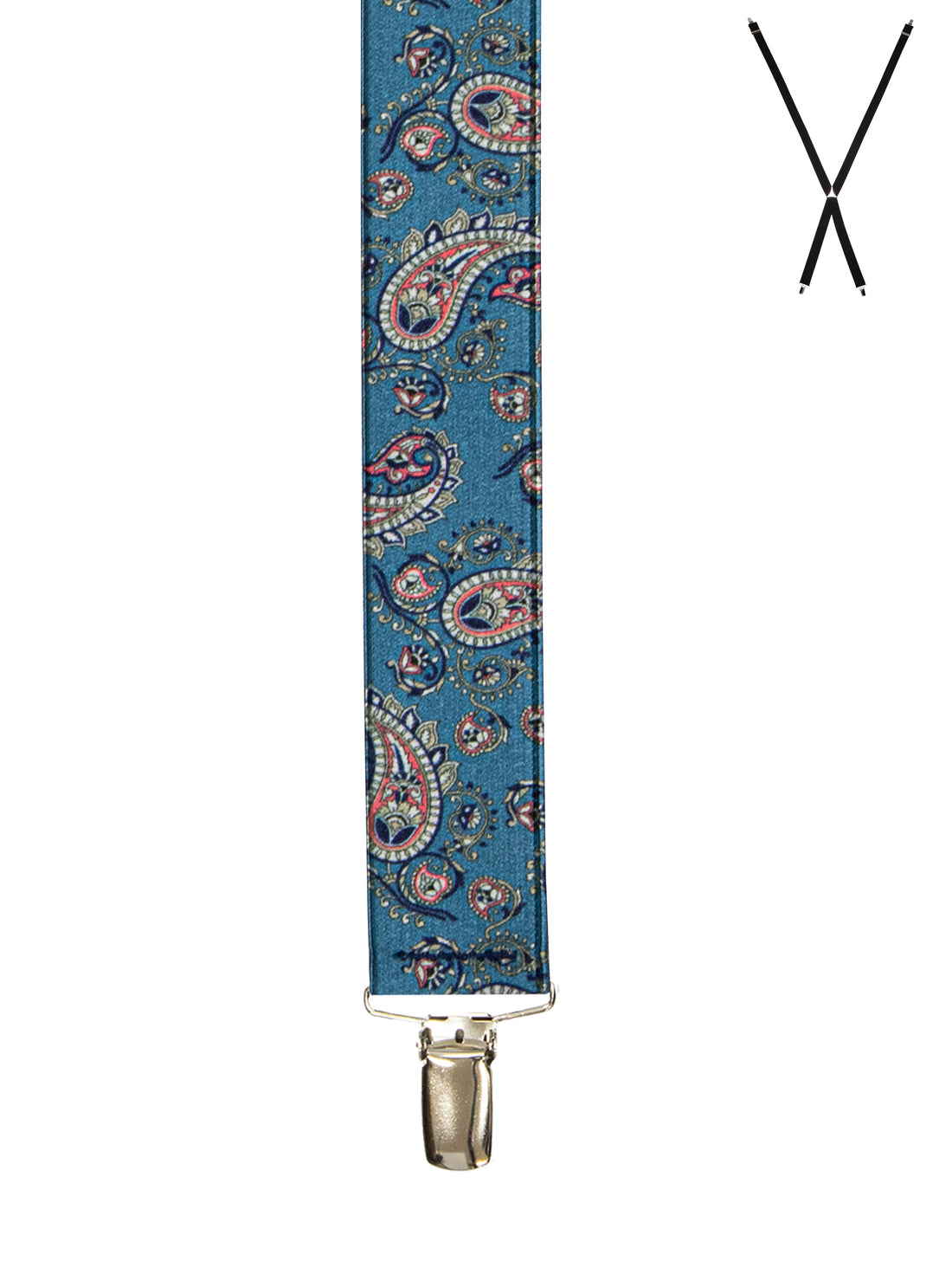 BRACES. X-Back with Nickel Clips. Paisley Print. Blue. 35mm width.-Braces-PEROZ Accessories