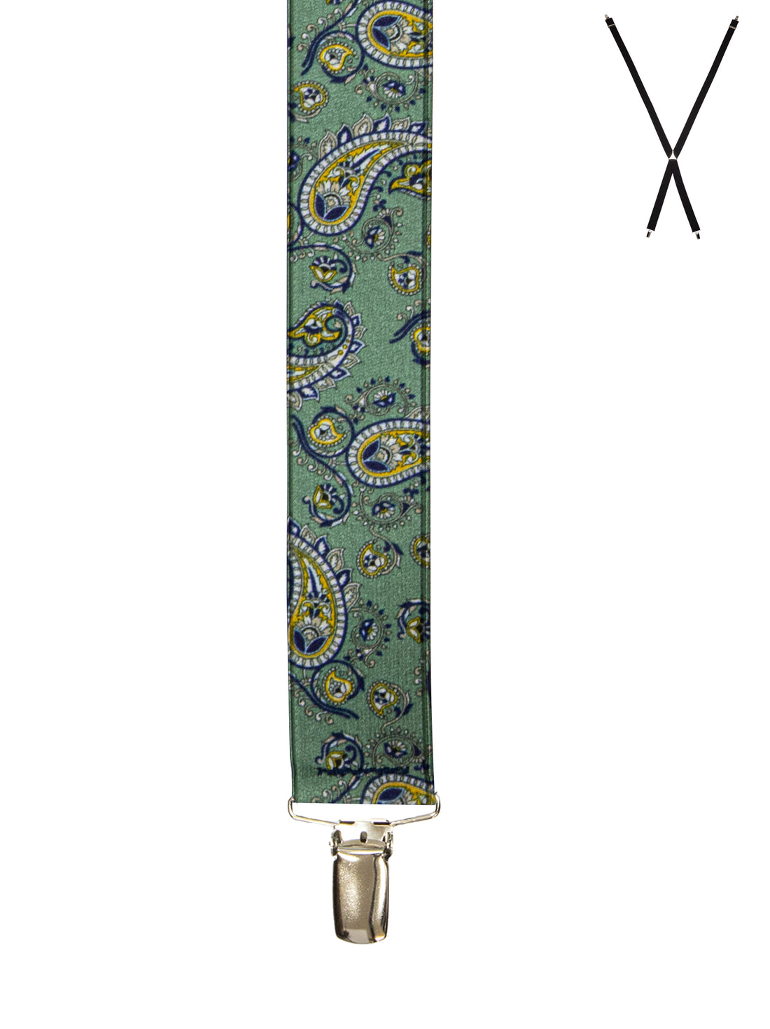 BRACES. X-Back with Nickel Clips. Paisley Print. Green. 35mm width.-Braces-PEROZ Accessories