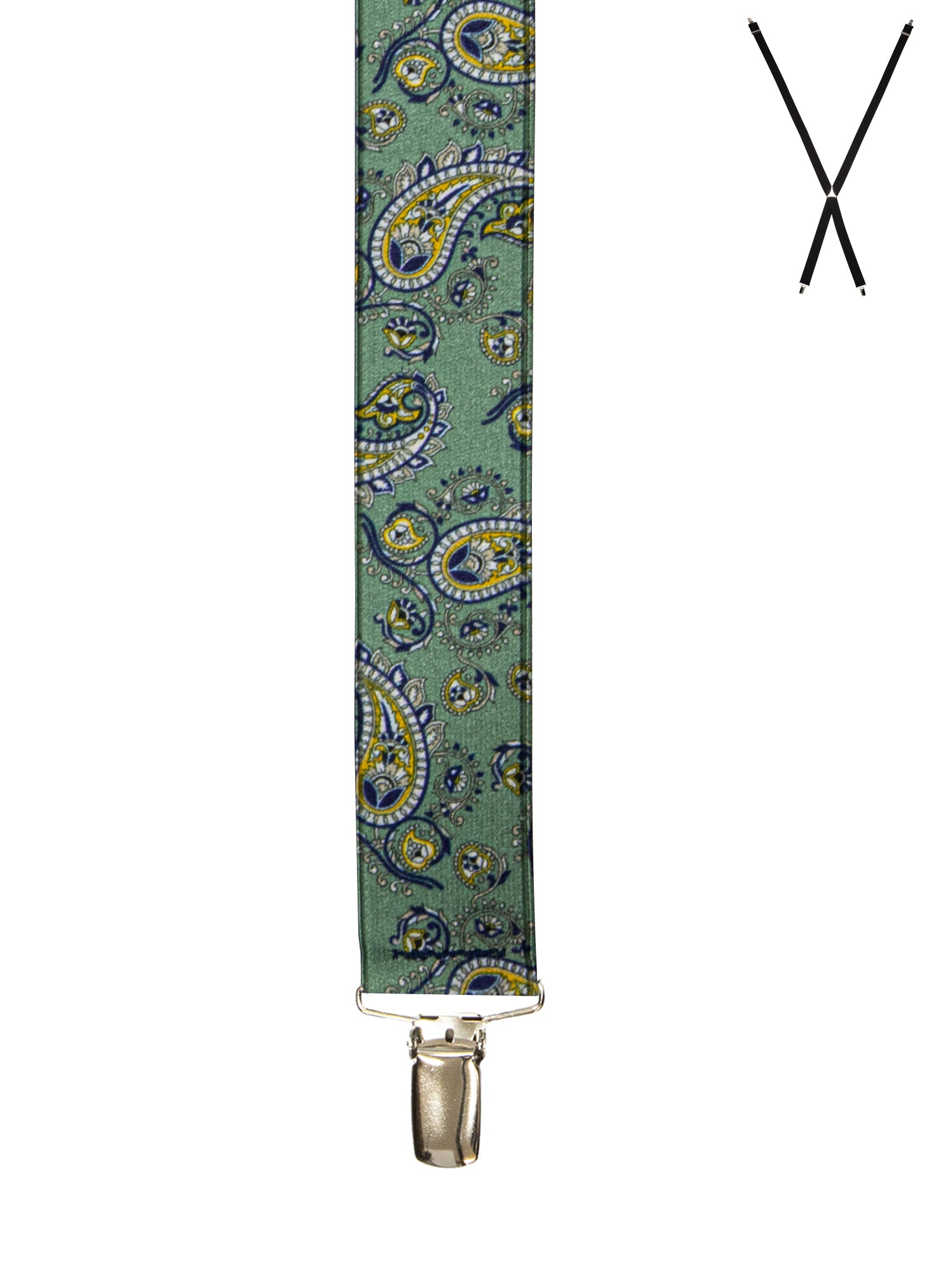 BRACES. X-Back with Nickel Clips. Paisley Print. Green. 35mm width.-Braces-PEROZ Accessories