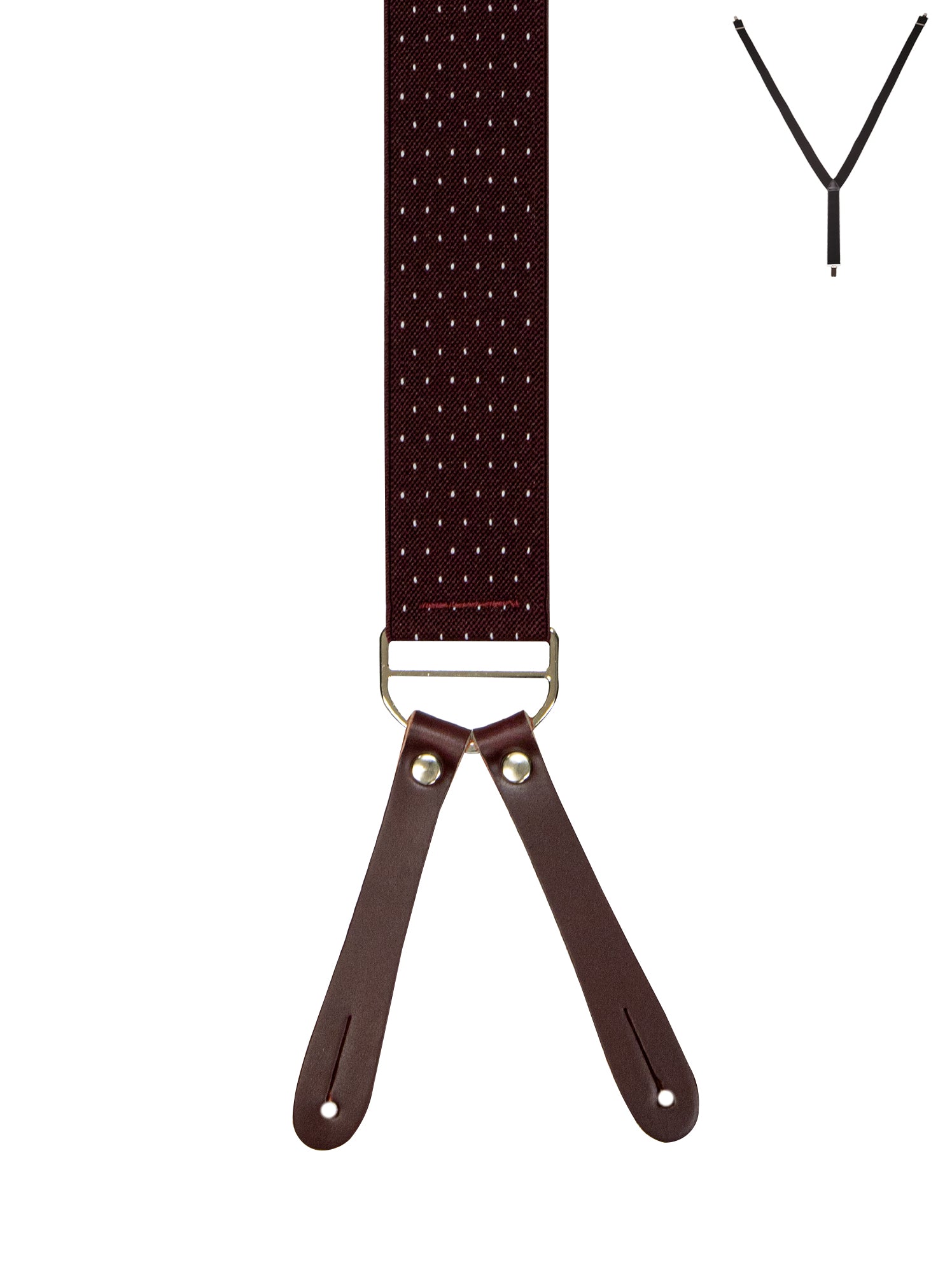 BRACES. Y-Back with Leather Ends. Spot Print. Burgundy. 35mm width.-Braces-PEROZ Accessories