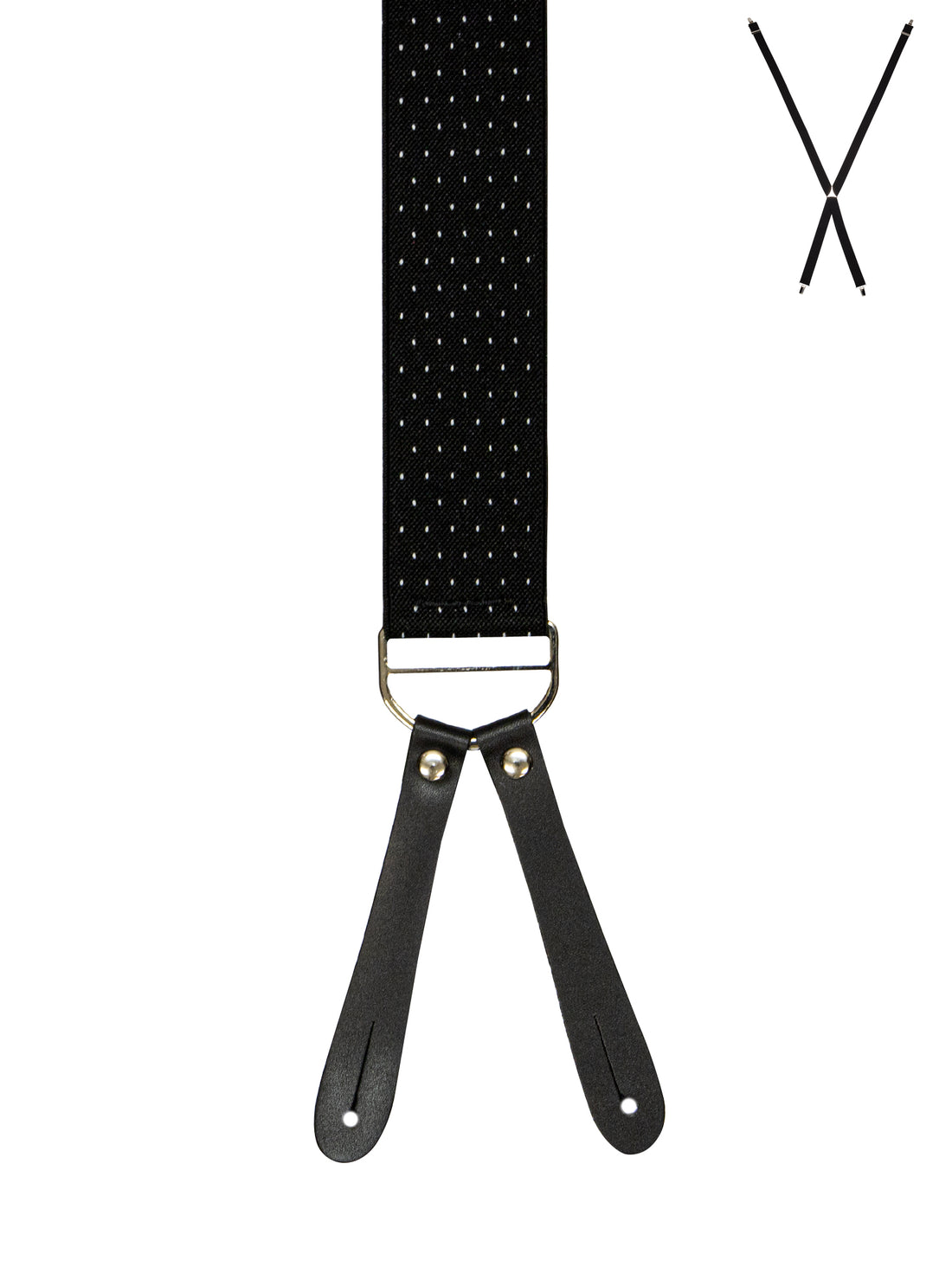 BRACES. X-Back with Leather Ends. Spot Print. Black. 35mm width.-Braces-PEROZ Accessories