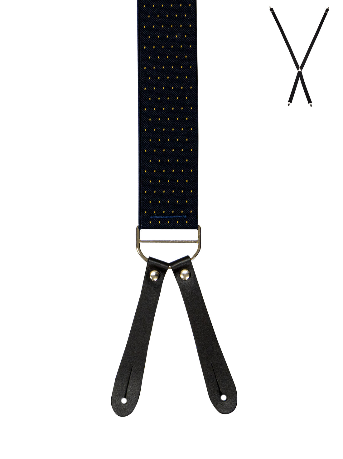 BRACES. X-Back with Leather Ends. Spot Print. Navy/Gold. 35mm width.-Braces-PEROZ Accessories