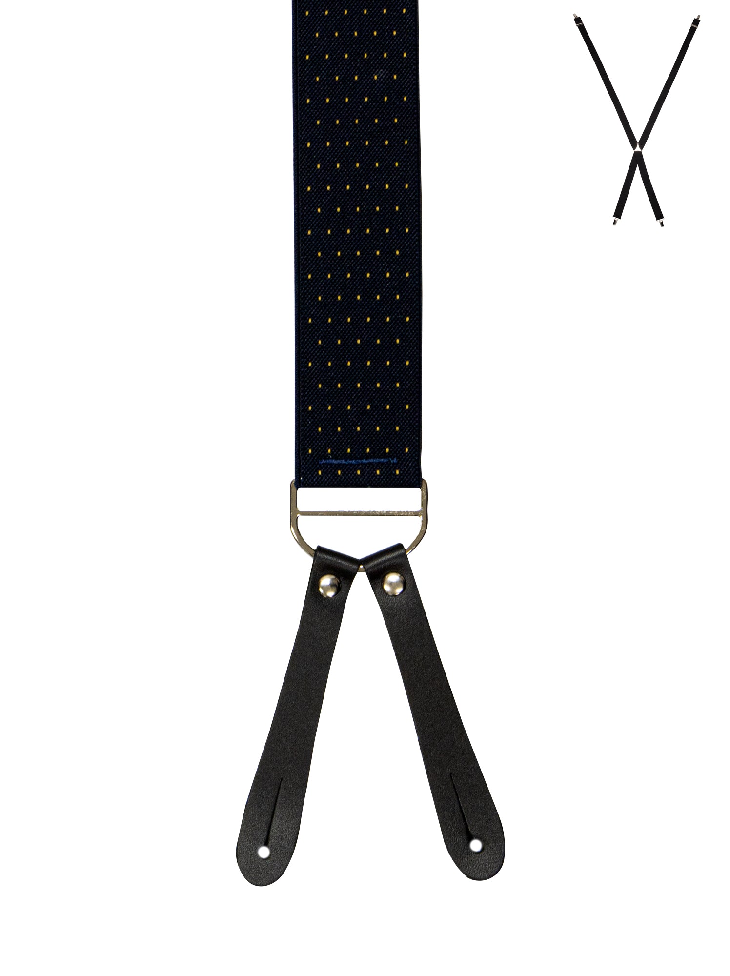BRACES. X-Back with Leather Ends. Spot Print. Navy/Gold. 35mm width.-Braces-PEROZ Accessories