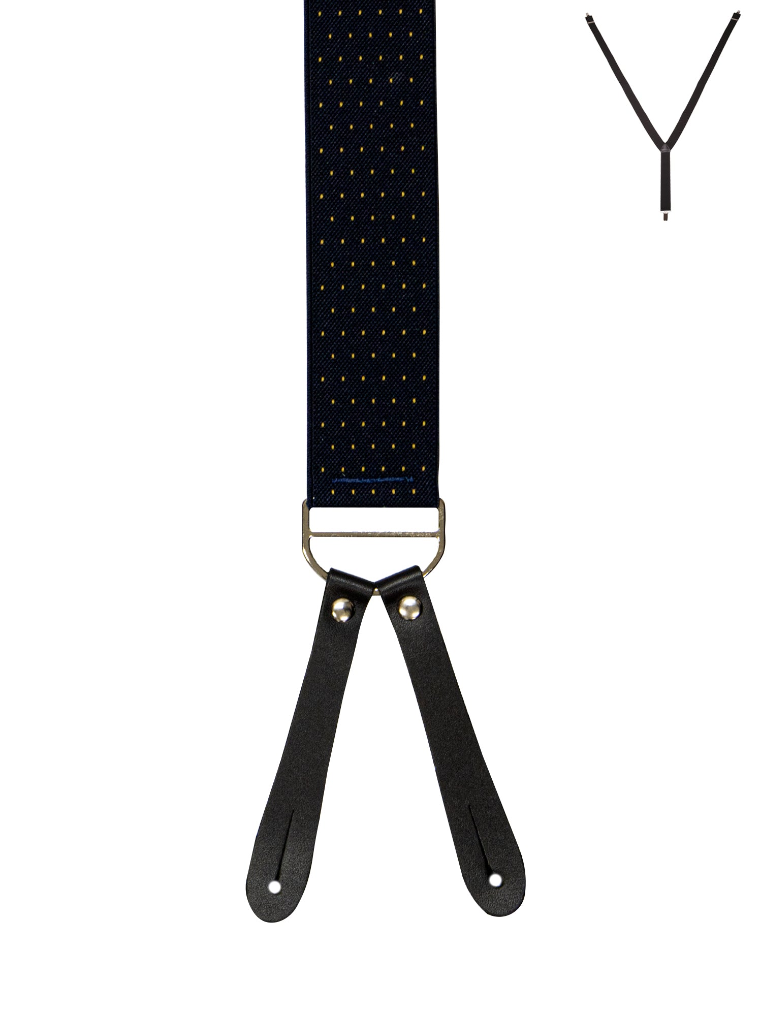BRACES. Y-Back with Leather Ends. Spot Print. Navy/Gold. 35mm width.-Braces-PEROZ Accessories