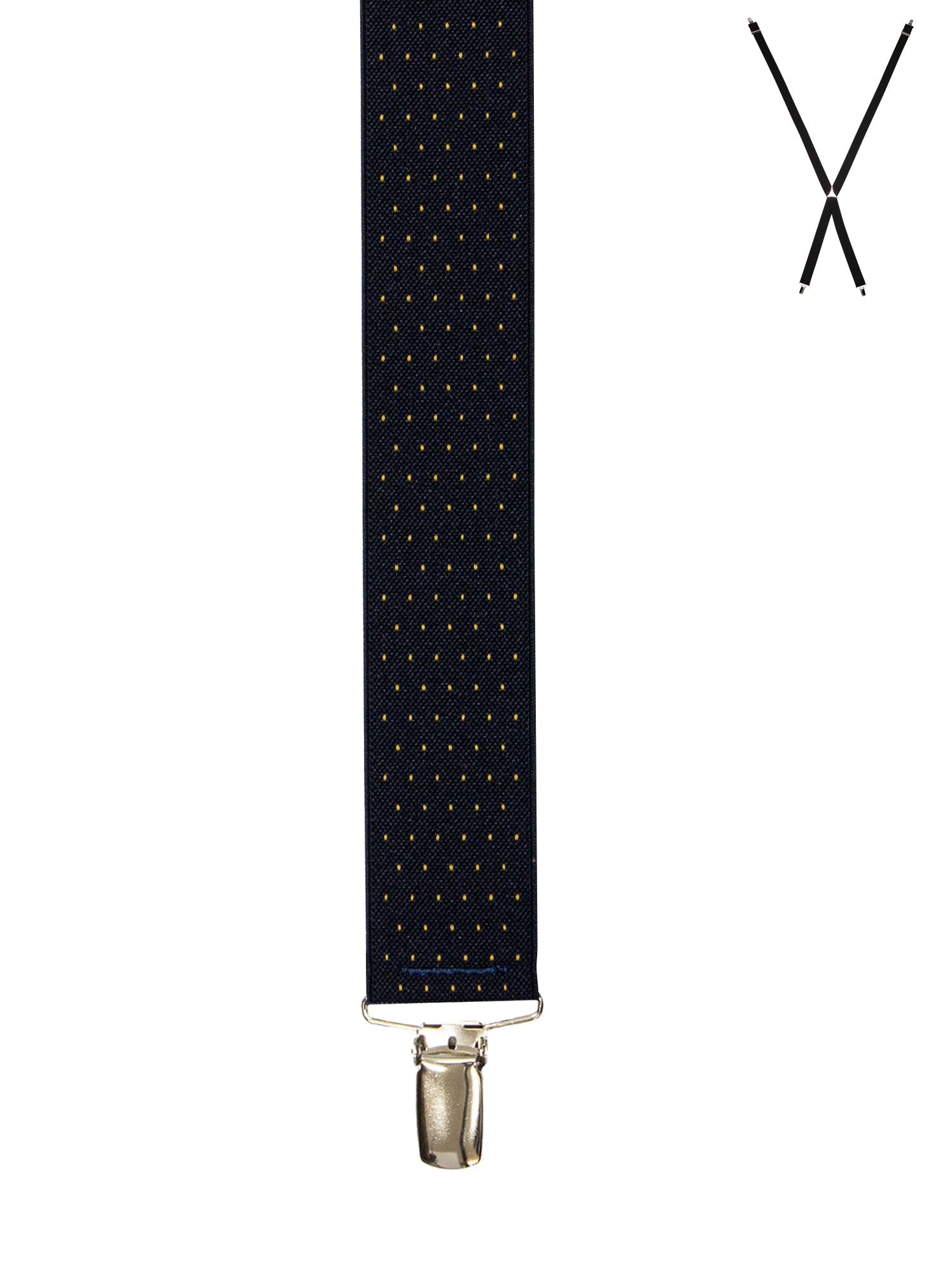 BRACES. X-Back with Nickel Clips. Spot Print. Navy/Gold. 35mm width.-Braces-PEROZ Accessories