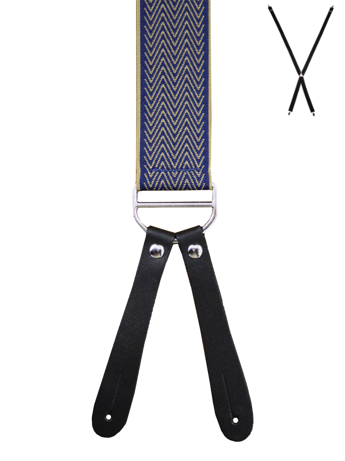 BRACES. X-Back with Leather Ends. Chevron Print. Navy/Gold. 35mm width.-Braces-PEROZ Accessories