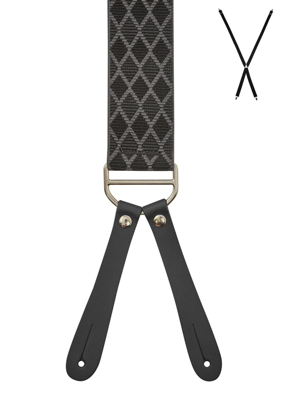 BRACES. X-Back with Leather Ends. Harlequin Print. Black. 35mm width.-Braces-PEROZ Accessories