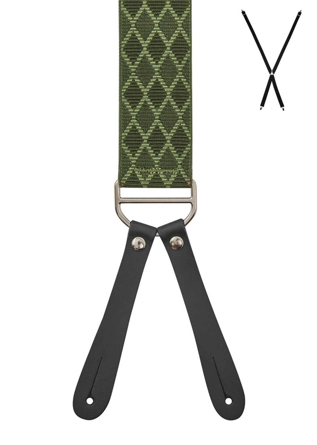 BRACES. X-Back with Leather Ends. Harlequin Print. Green. 35mm width.-Braces-PEROZ Accessories