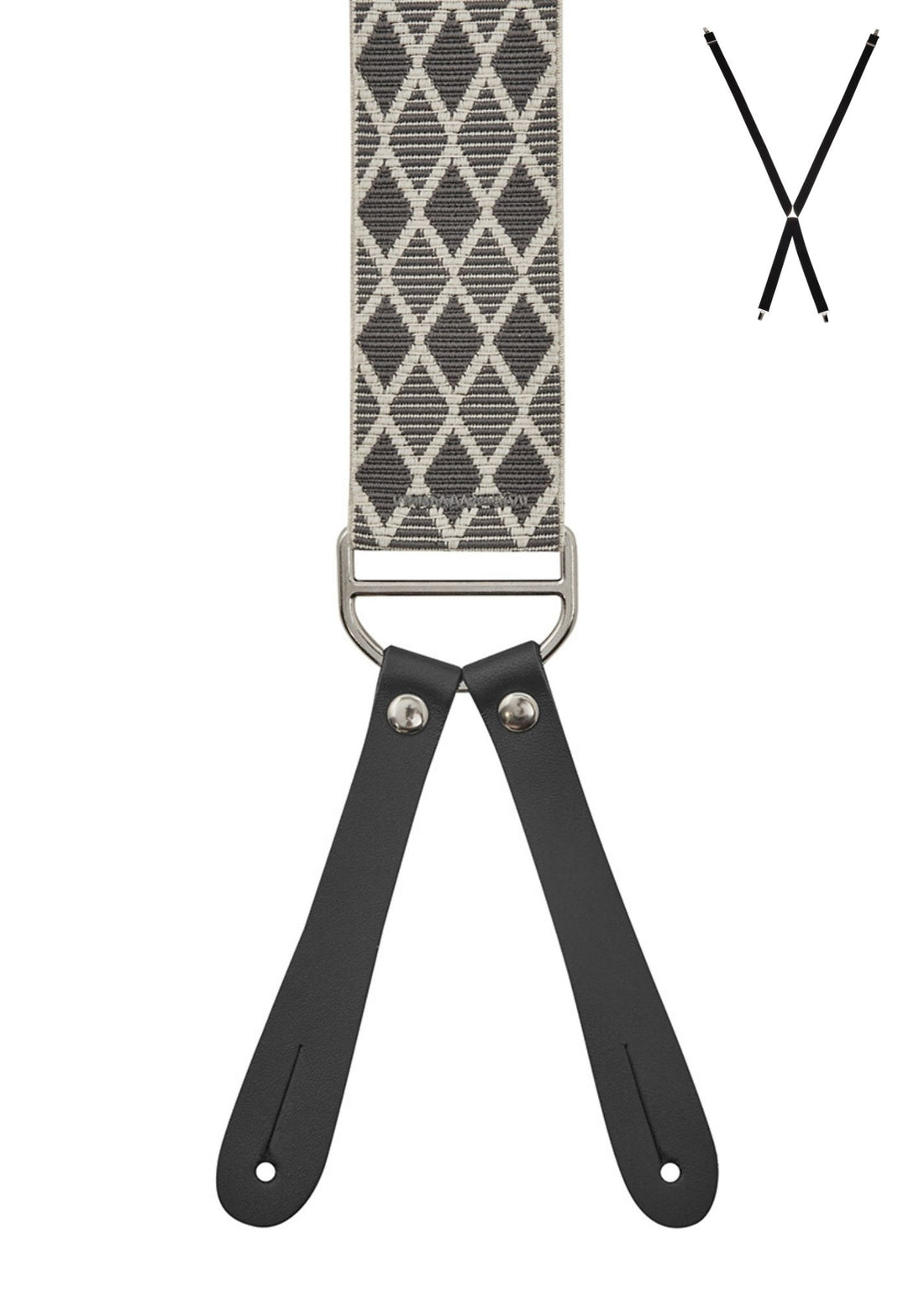 BRACES. X-Back with Leather Ends. Harlequin Print. Grey. 35mm width.-Braces-PEROZ Accessories