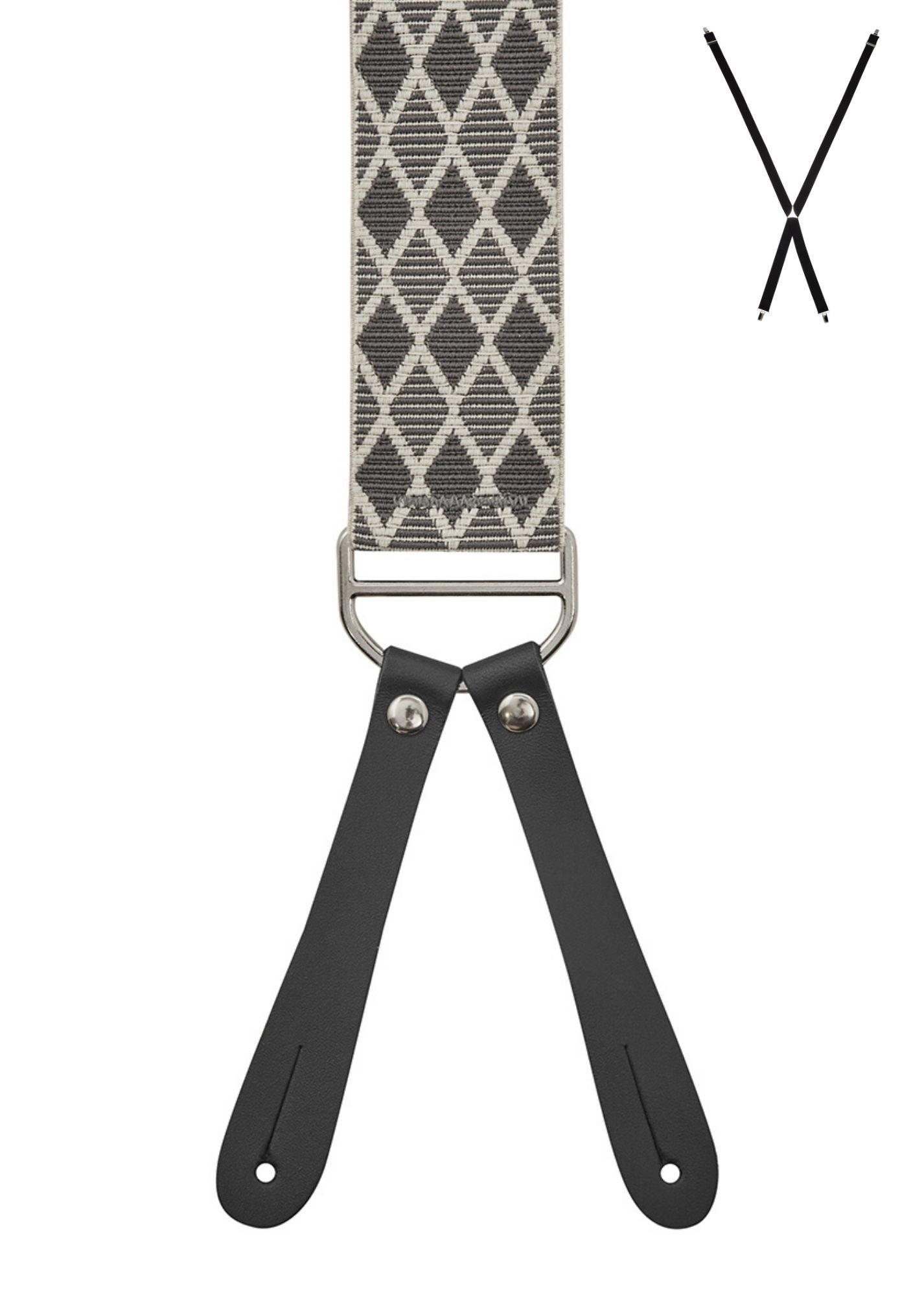 BRACES. X-Back with Leather Ends. Harlequin Print. Grey. 35mm width.-Braces-PEROZ Accessories