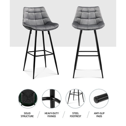 Artiss Set of 2 Velvet Bar Stools - Grey-Furniture &gt; Bar Stools &amp; Chairs - Peroz Australia - Image - 5