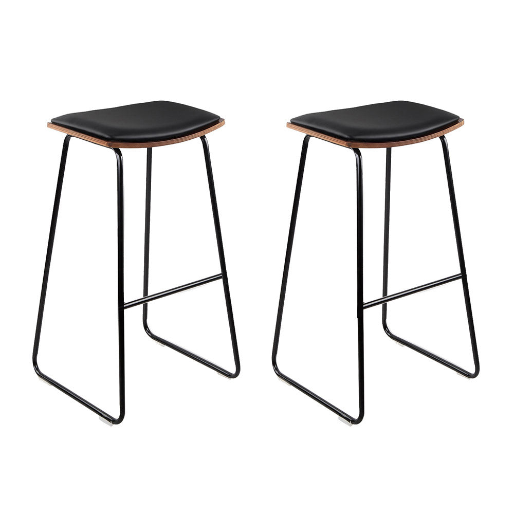 Artiss Set of 2 Backless PU Leather Bar Stools - Black and Wood-Furniture &gt; Bar Stools &amp; Chairs - Peroz Australia - Image - 3