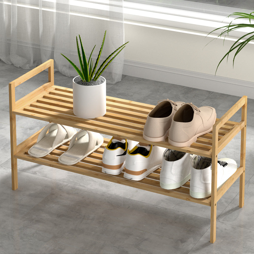Artiss Shoe Rack Bamboo Storage Cabinet 2 Tiers Portable Organizer Shelf Pine-Home &amp; Garden &gt; Storage-PEROZ Accessories