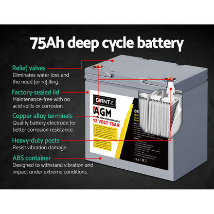 Giantz AGM Deep Cycle Battery 12V 75Ah Marine Sealed Power Portable Box Solar X2-Auto Accessories &gt; Auto Accessories Others-PEROZ Accessories