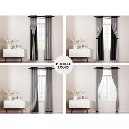 Artiss 2X 132x274cm Blockout Sheer Curtains Black-Home &amp; Garden &gt; Curtains-PEROZ Accessories