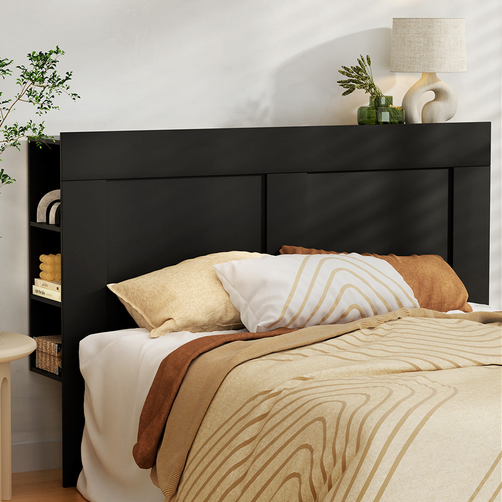 Artiss Bed Frame Double Size Bed Head with Shelves Headboard Bedhead Base Black-Furniture &gt; Bedroom-PEROZ Accessories
