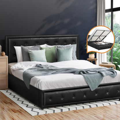 Oikiture Double Bed Frame with Storage Space Gas Lift Bed Mattress Base Black