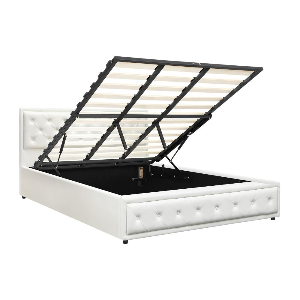 Oikiture King Bed Frame with Storage Space Gas Lift Bed Mattress Base White