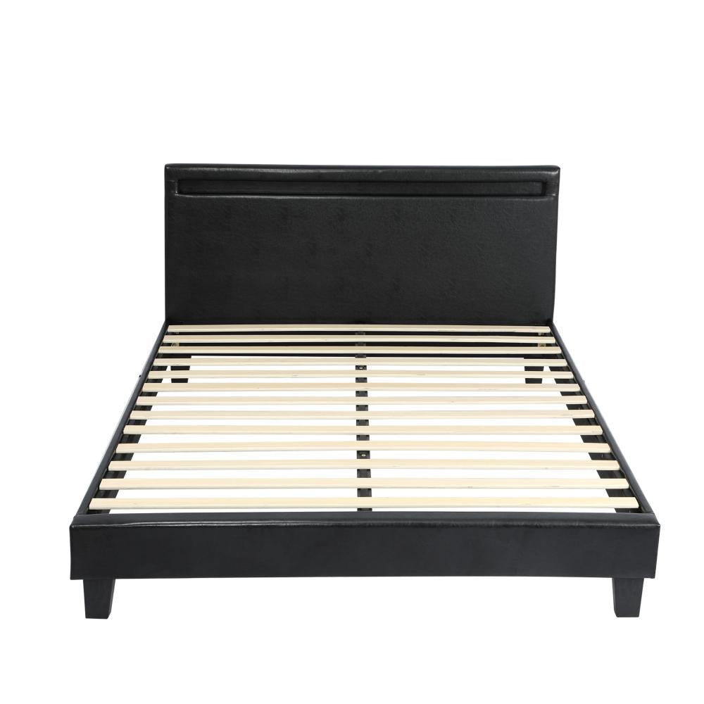 Oikiture Bed Frame RGB LED Double Size Mattress Base Platform Wooden PU Leather-Bed Frame-PEROZ Accessories