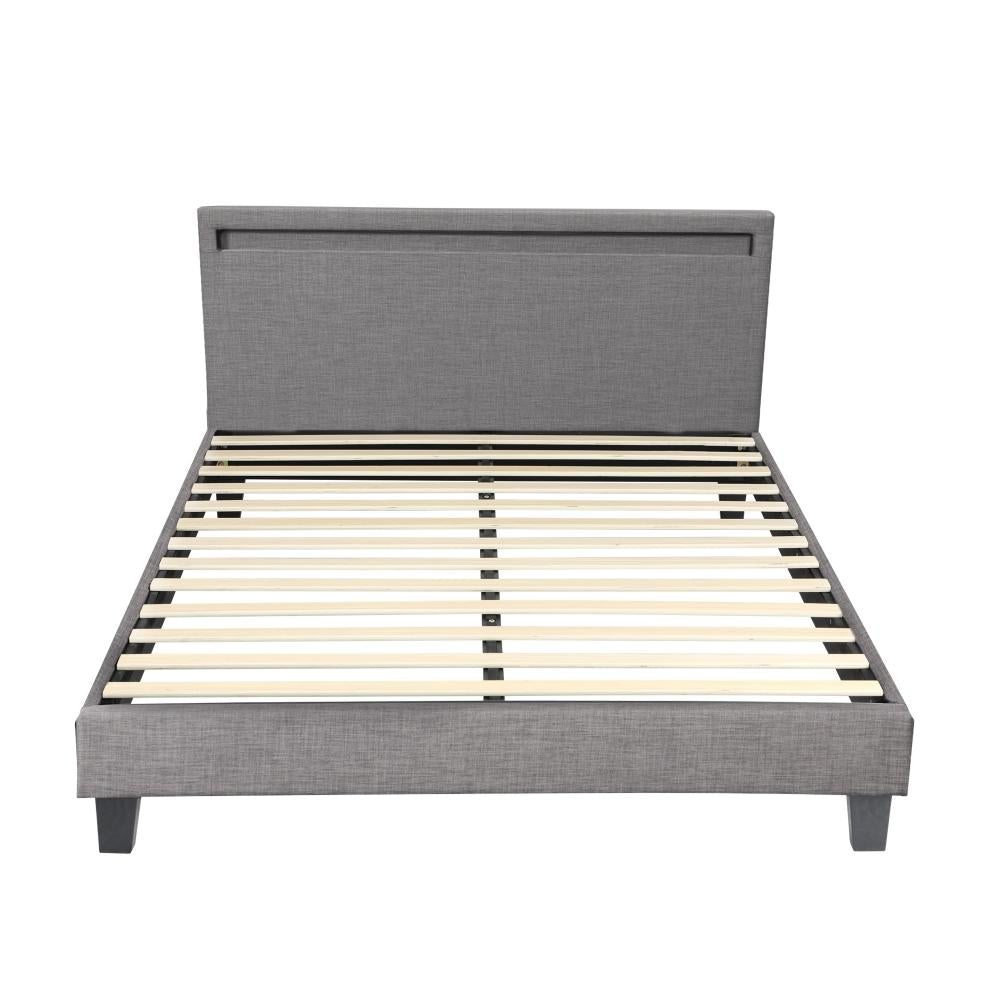 Oikiture Bed Frame RGB LED Double Size Mattress Base Platform Wooden Grey Fabric-Bed Frame-PEROZ Accessories
