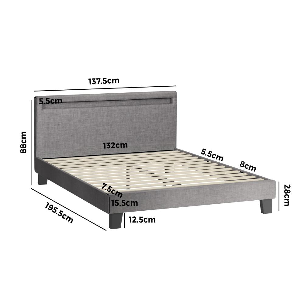 Oikiture Bed Frame RGB LED Double Size Mattress Base Platform Wooden Grey Fabric-Bed Frame-PEROZ Accessories