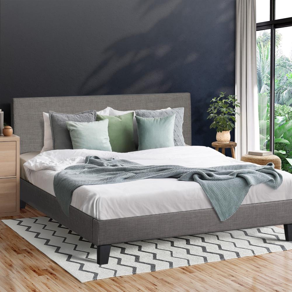 Oikiture Bed Frame Double Size Mattress Base Platform Wooden Slats Grey Fabric-Bed Frame-PEROZ Accessories