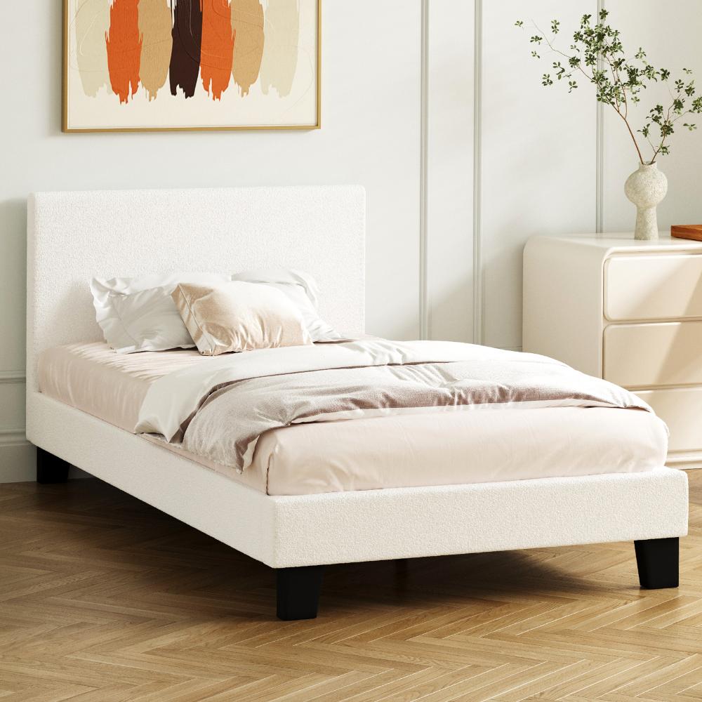 Oikiture Single Bed Frame with Wooden Slats and Boucle Fabric Bed Base Mattress Platfrom White