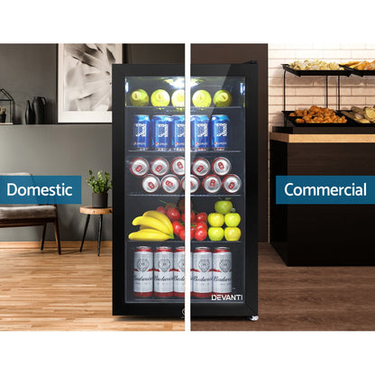 Devanti 98L Bar Fridge Glass Door w/Light Black-Fridges-PEROZ Accessories