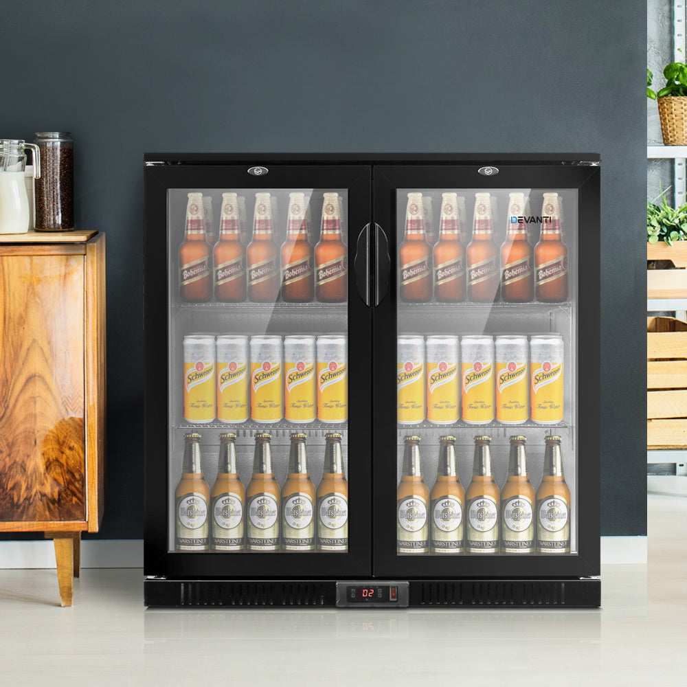 Devanti Bar Fridge 2 Glass Door Commercial Display Freeer Drink Beverage Cooler Black-Appliances &gt; Fridges-PEROZ Accessories