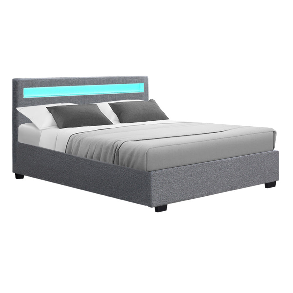 Artiss Bed Frame Double Size Gas Lift RGB LED Bedbase Grey Cole-Furniture &gt; Bedroom - Peroz Australia - Image - 2