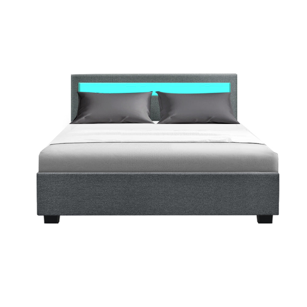 Artiss Bed Frame Double Size Gas Lift RGB LED Bedbase Grey Cole-Furniture &gt; Bedroom - Peroz Australia - Image - 4